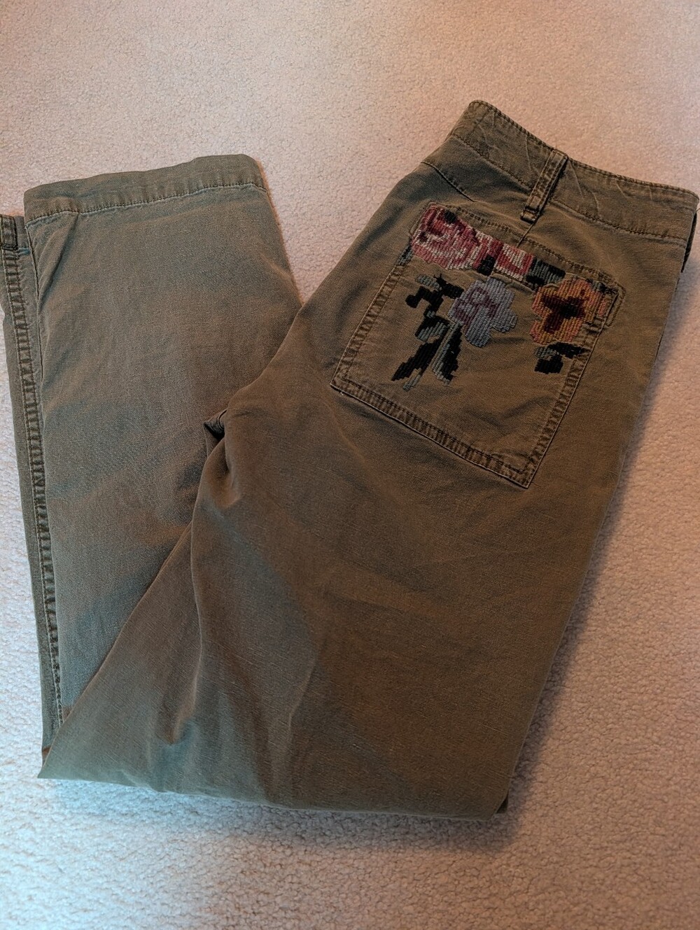 Anthropologie Olive Green Pants with Floral Patch Pockets - Picture 2 of 4